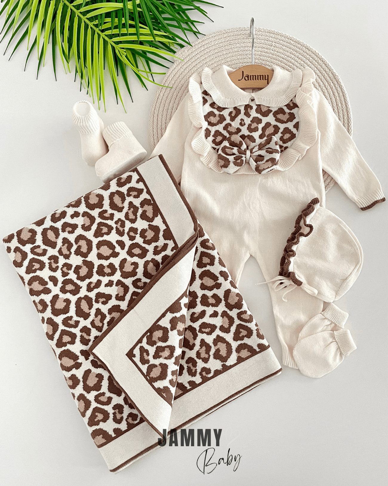 Luxury Collection Triko Leopar Desen 5 Parça Yenidoğan Set-KREM