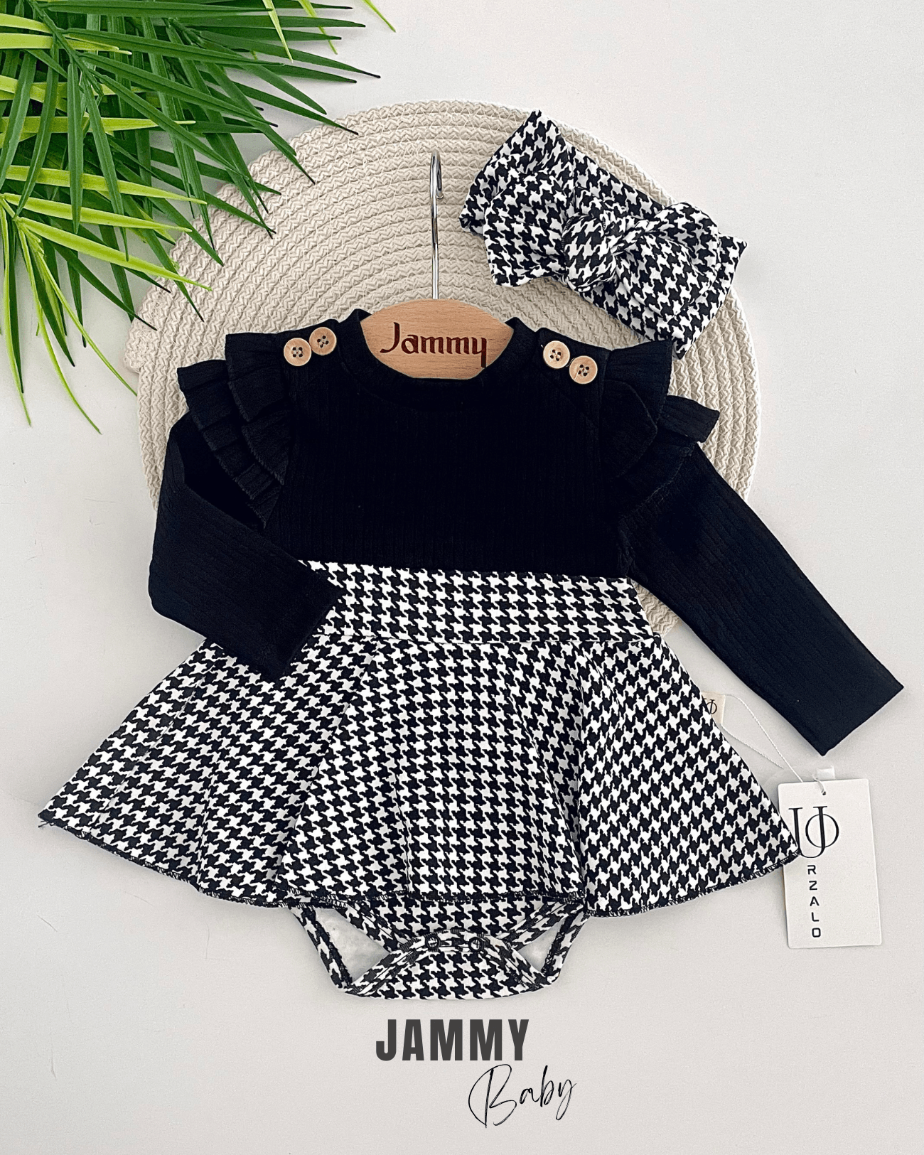 Kazayağı Desen Omuz Fırfırlı Bandanalı Bodysuit Elbise Set-SİYAH