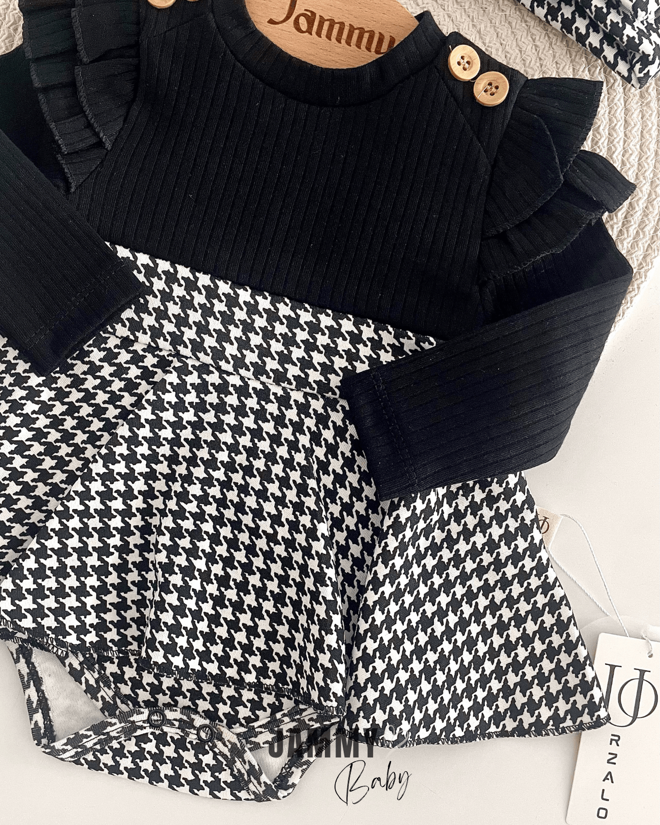 Kazayağı Desen Omuz Fırfırlı Bandanalı Bodysuit Elbise Set-SİYAH