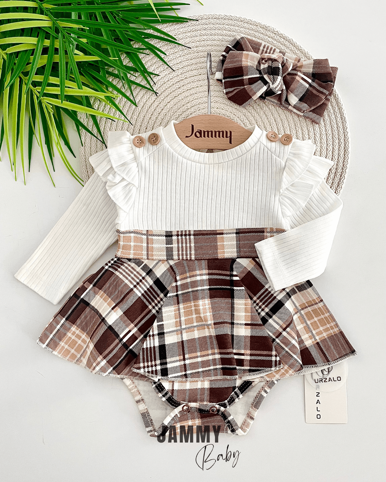 Ekose Desen Omuz Fırfırlı Bandanalı Bodysuit Elbise Set-EKRU