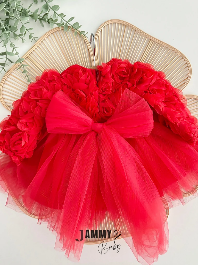 Celia Gül Detaylı Tütülü Elbise-KIRMIZI