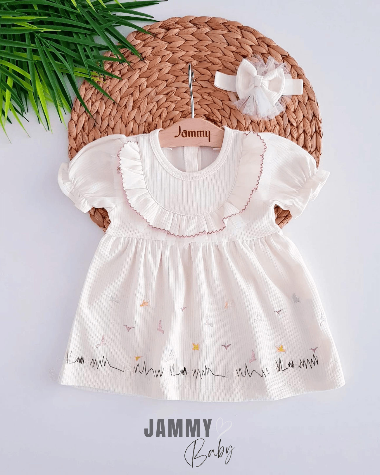 Kuş Nakışlı Ribana Bandanalı Elbise Set-KREM