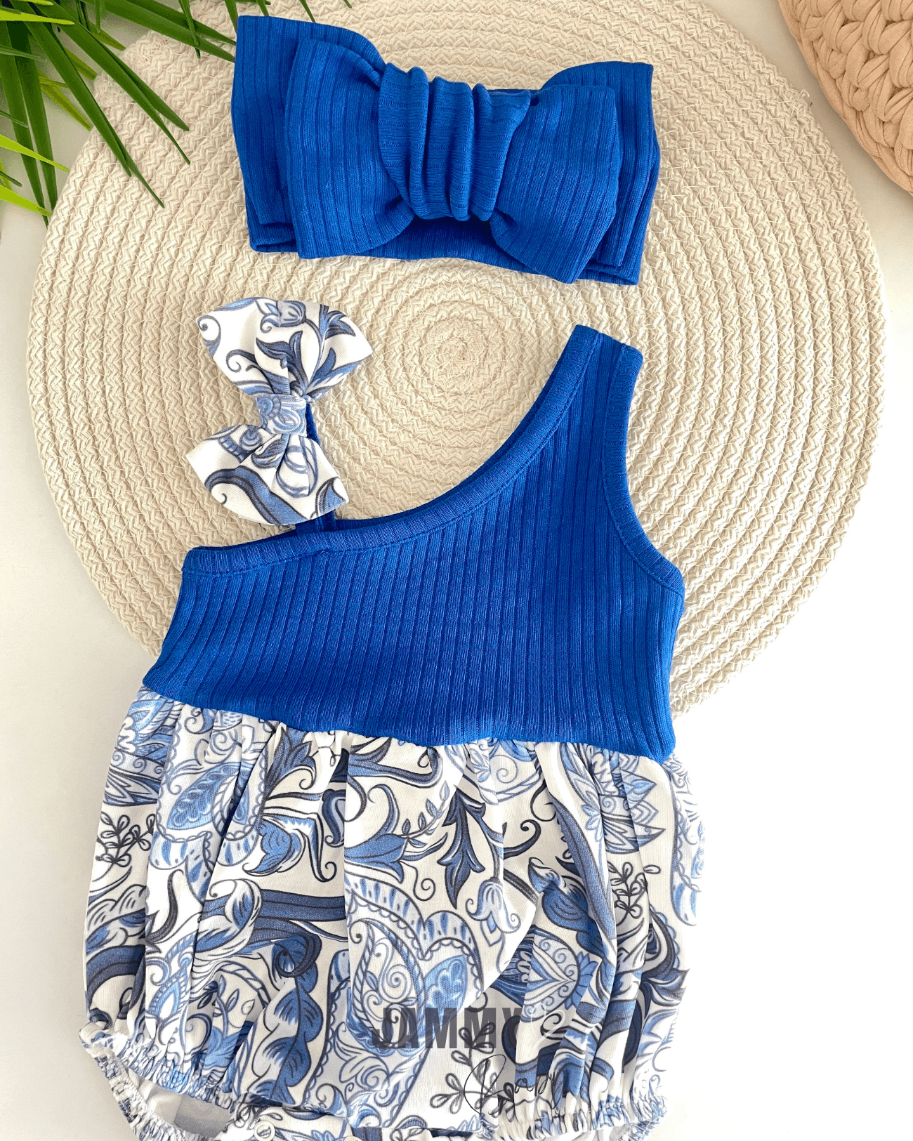 Şal Desen Tek Omuz XL Bandanalı Romper Set-SAKS