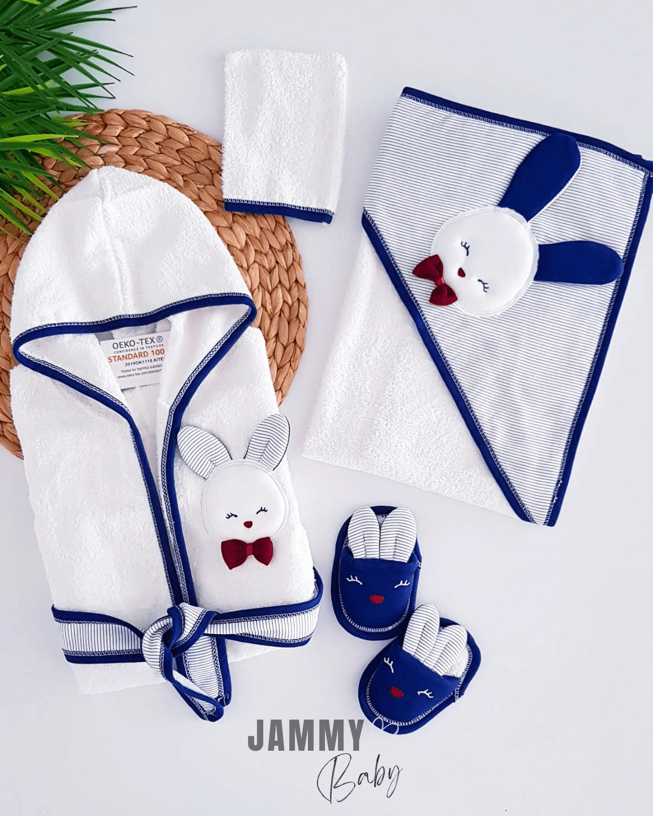 Papyonlu Tavşan 4 Parça Bornoz Set-LACİVERT