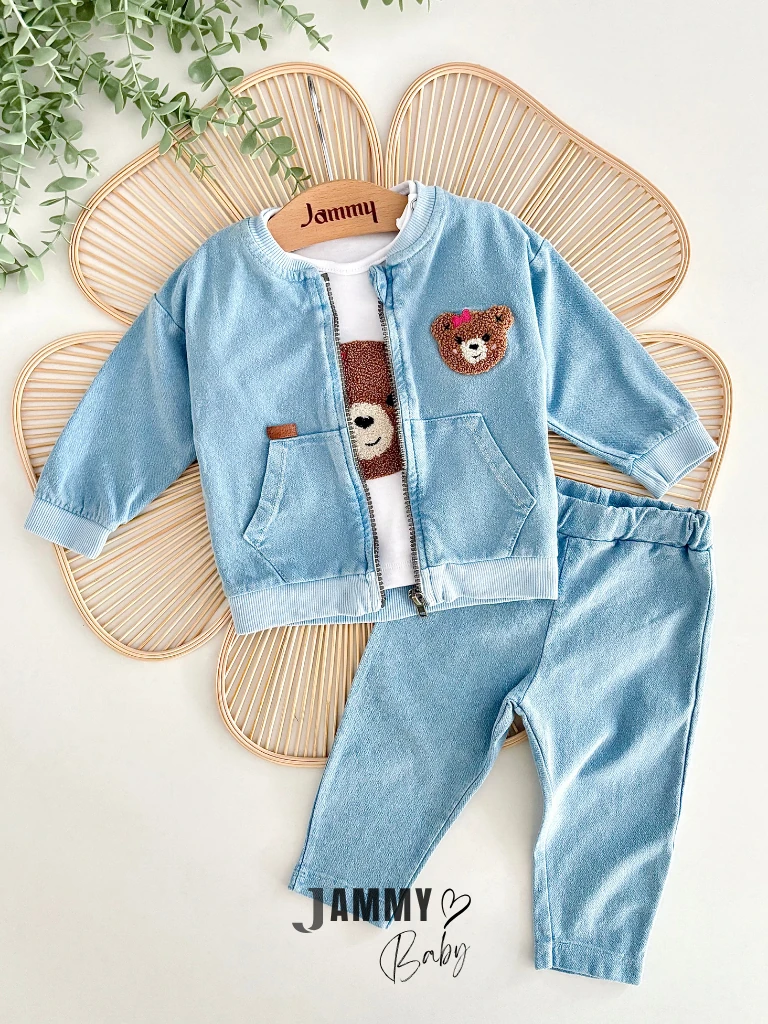 Fancy Bear Punch İşlemeli 3'lü Kot Takım-MAVİ