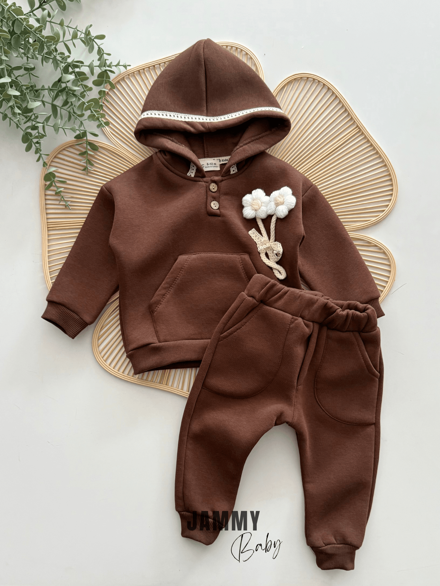 Örme Papatyalı Dantel Detaylı Şardonlu Sweat Takım-ACI KAHVE