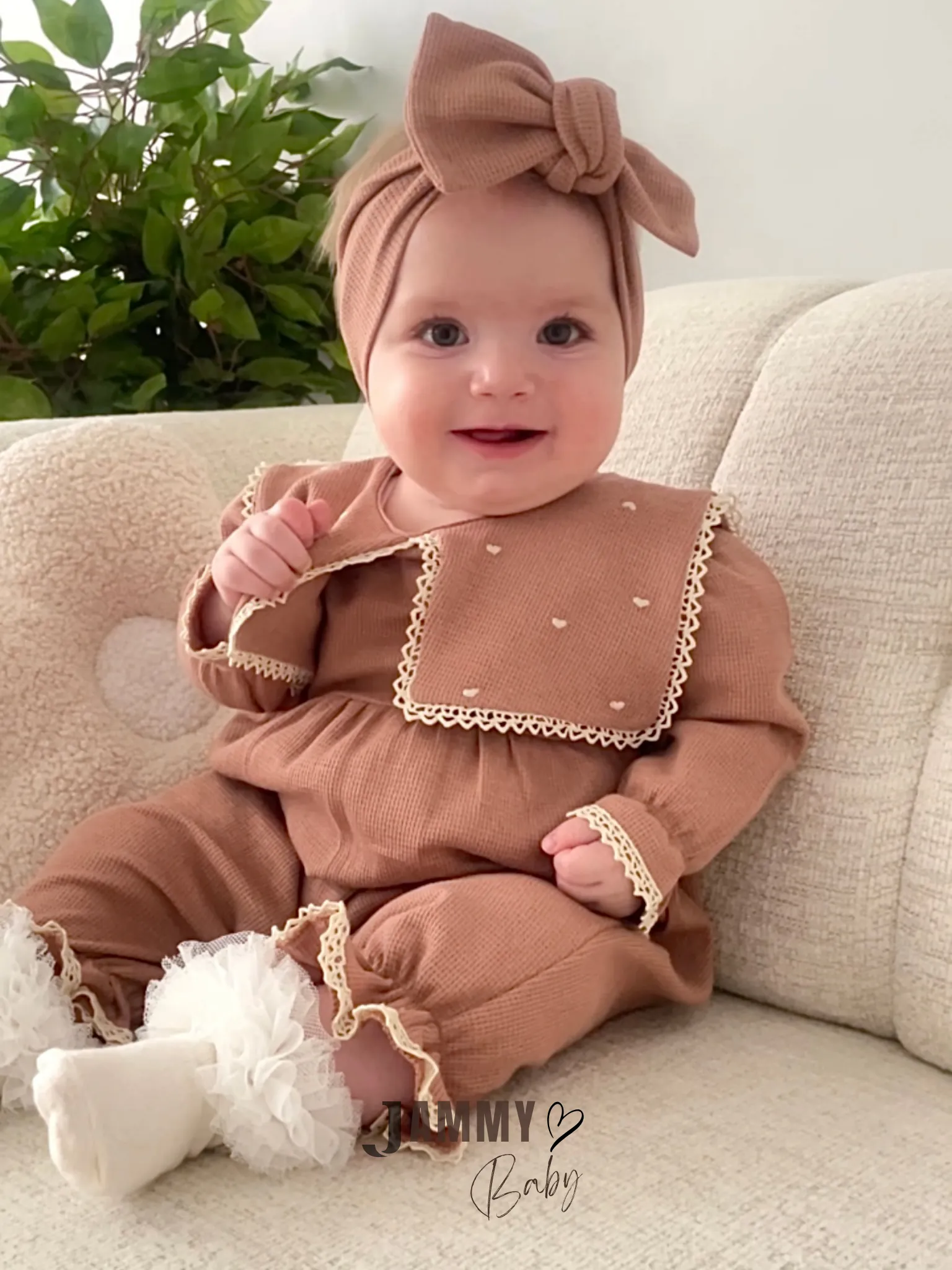 Maita Kalp İşlemeli Bandanalı Waffle Tulum Set-SÜTLÜ KAHVE