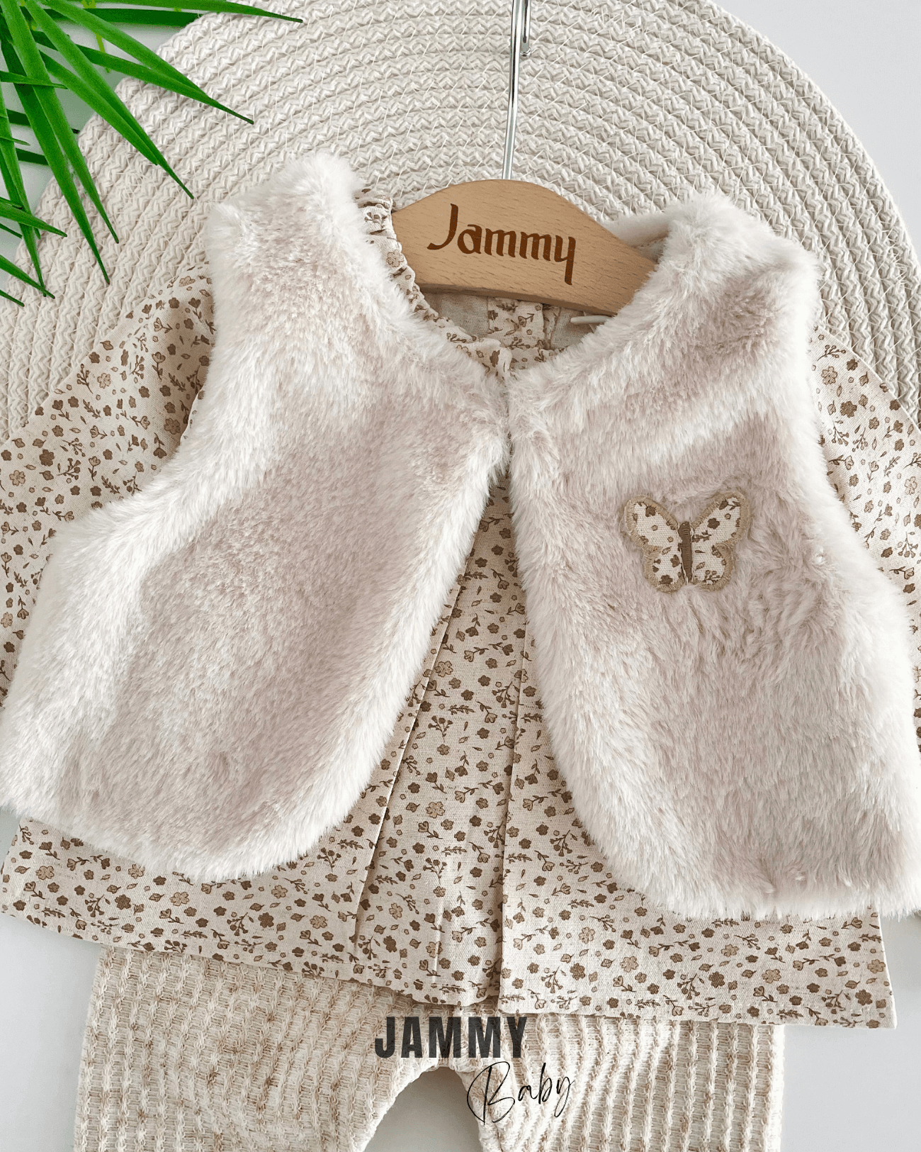 Butterfly Peluş Yelek / Minik Çiçekli 3'lü Takım-BEJ