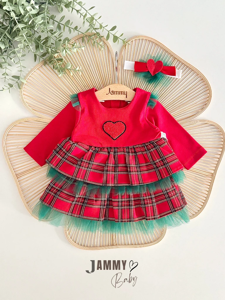 New Christmas Ekose Tütülü Bandanalı Elbise Set-KIRMIZI