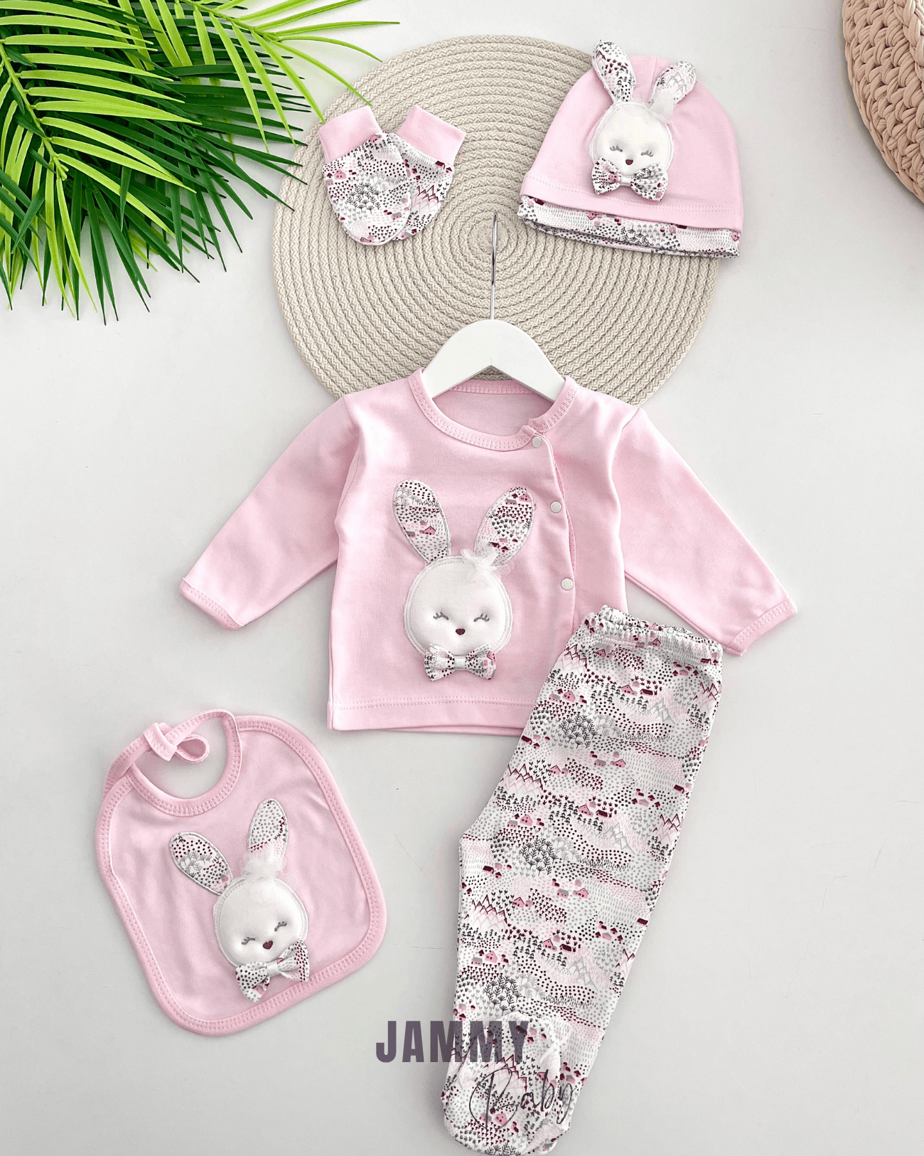 Papyonlu Tavşan 5 Parça Yenidoğan Set-PEMBE