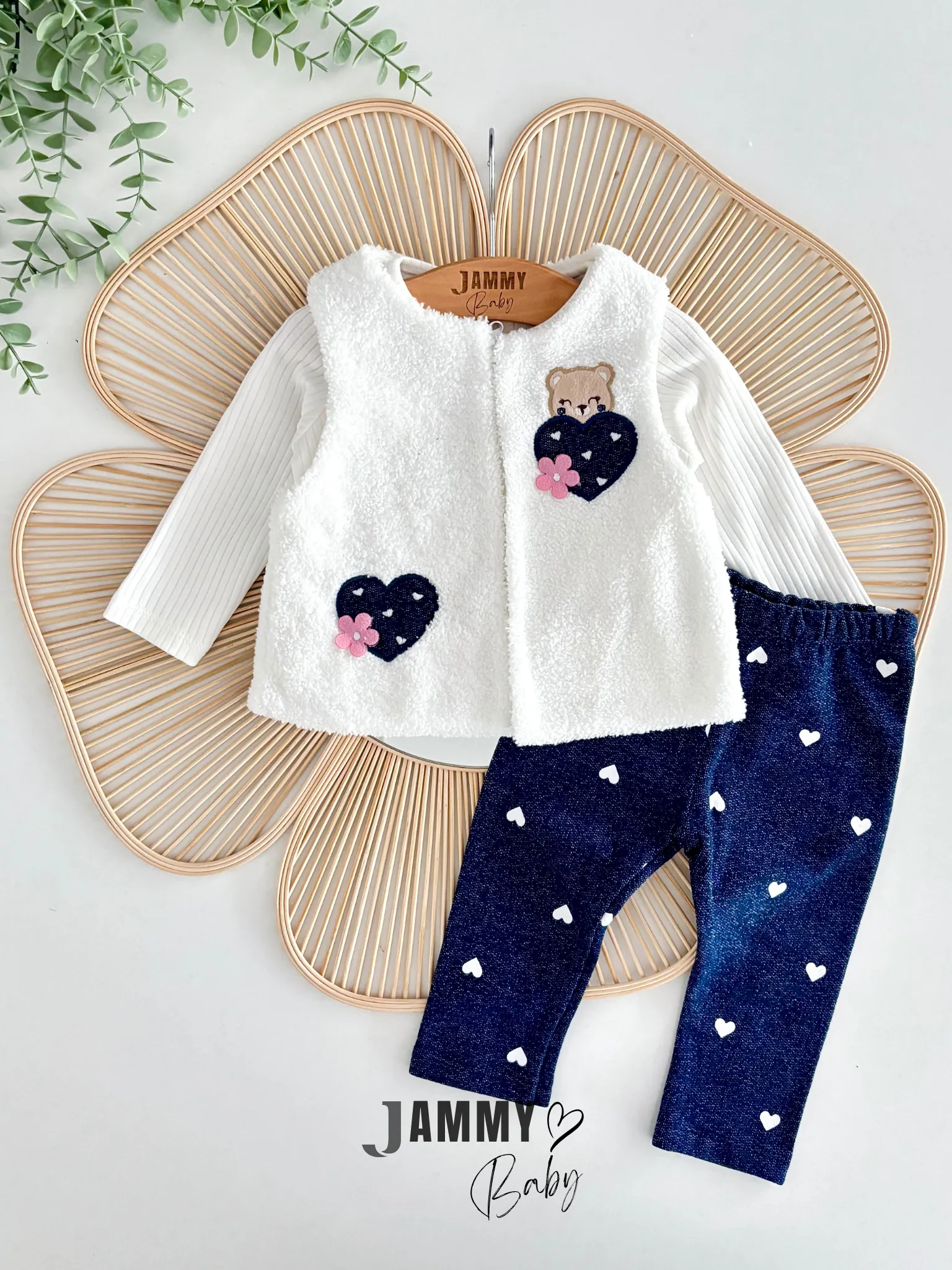 Ayıcık Peluş Yelekli /Kot Taytlı 3'lü Takım-BEYAZ