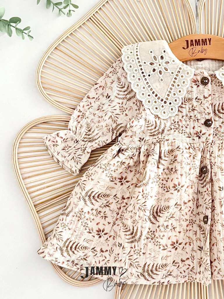 Dantel Yaka Çiçekli Düğmeli Elbise-KAHVE