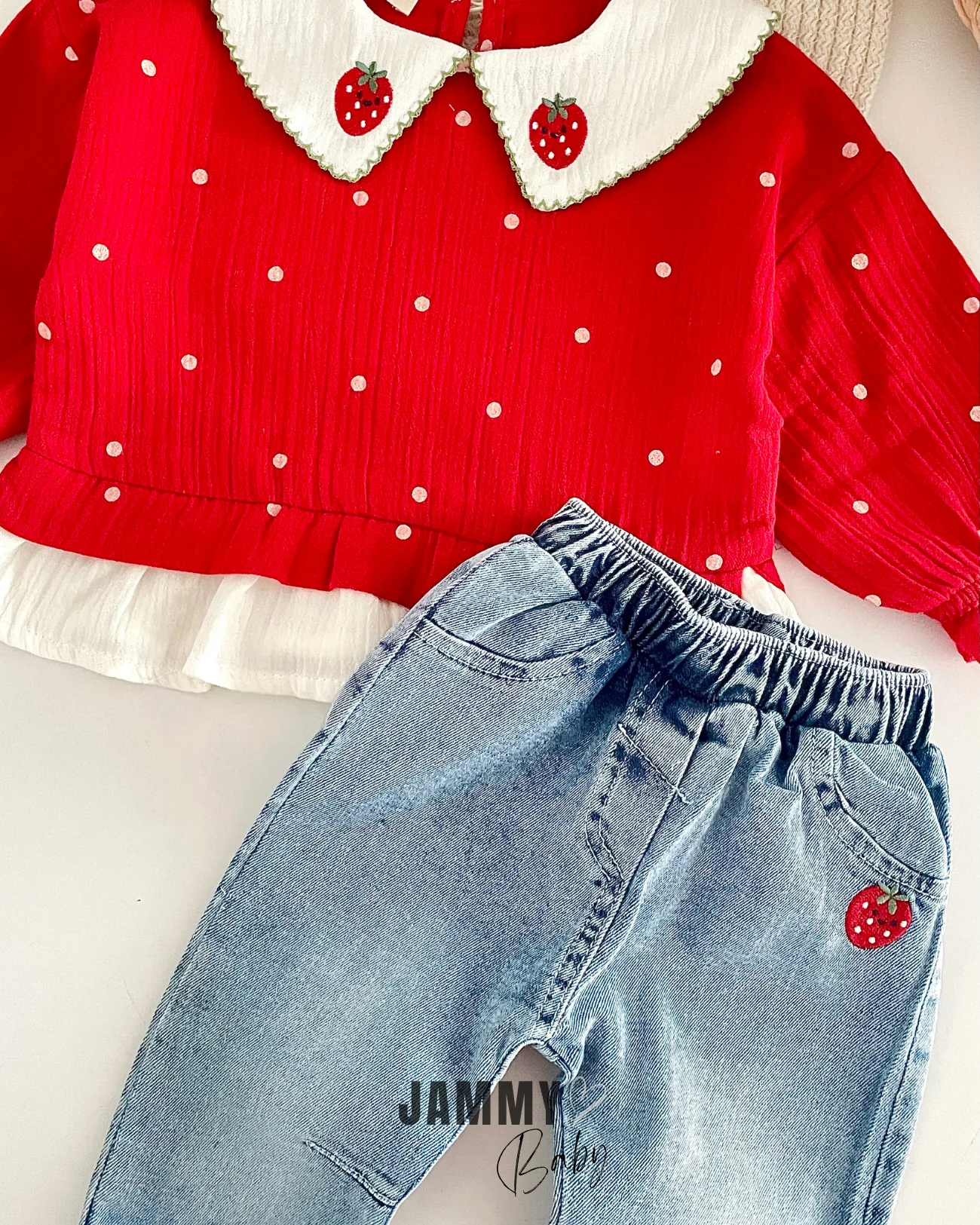 Puantiyeli Çilek Kot Pantolonlu Takım-KIRMIZI