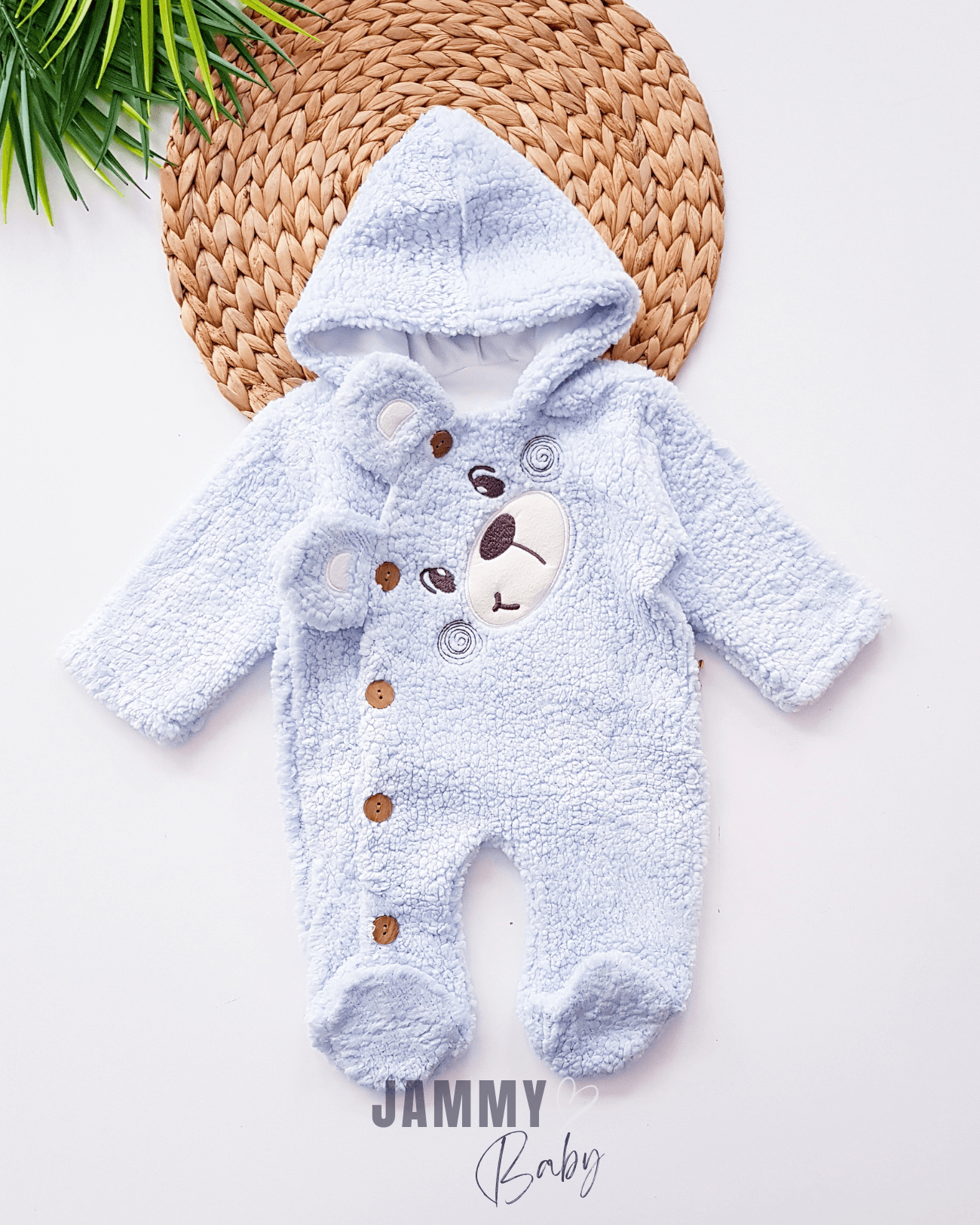 Bear Face Welsoft Peluş Kapüşonlu Tulum-MAVİ
