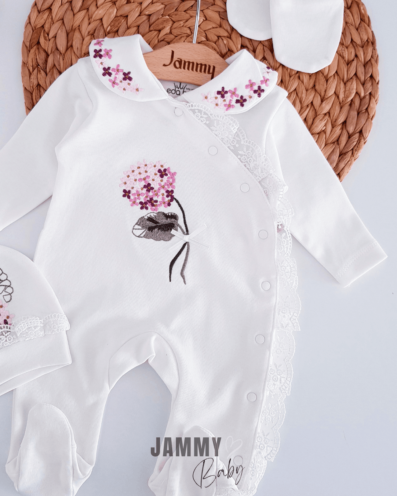 Ortanca Nakışlı Şapkalı Tulum Set-EKRU