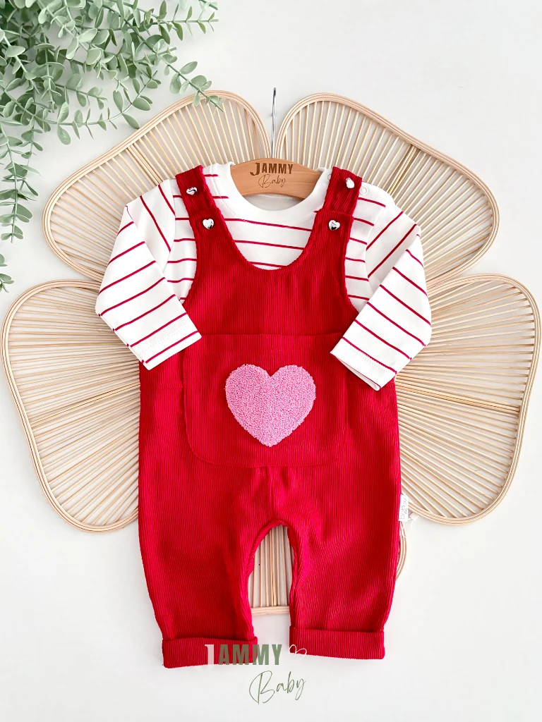 Big Hearts Punch İşlemeli Kadife Salopet / Body Set-KIRMIZI
