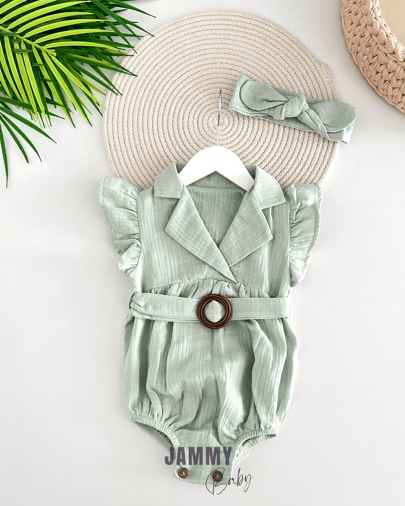 Olivia Kemer Detaylı Müslin Romper - MİNT YEŞİLİ