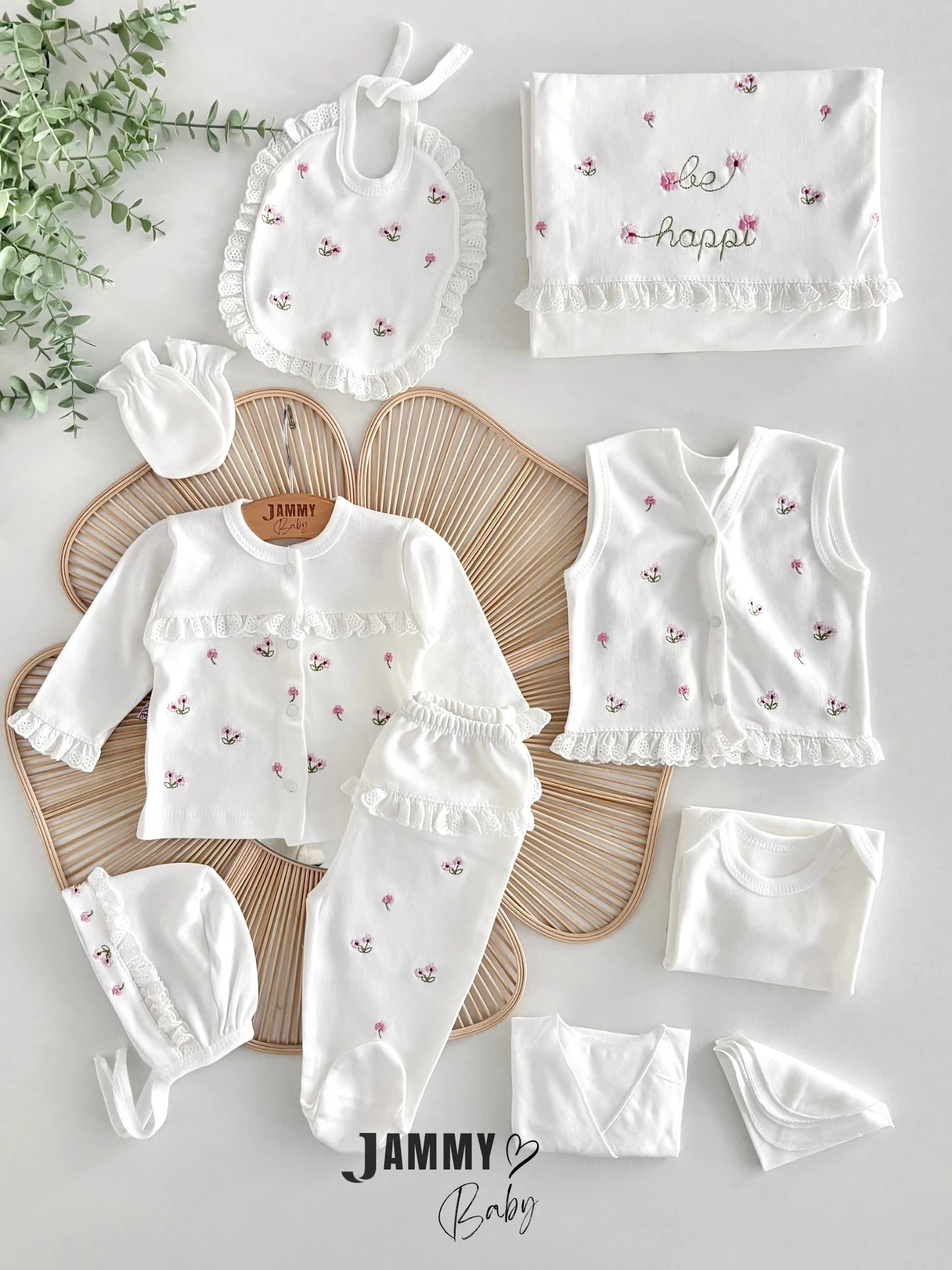 Çıtır Çiçek Nakış / Dantelli 10 Parça Yenidoğan Set-EKRU