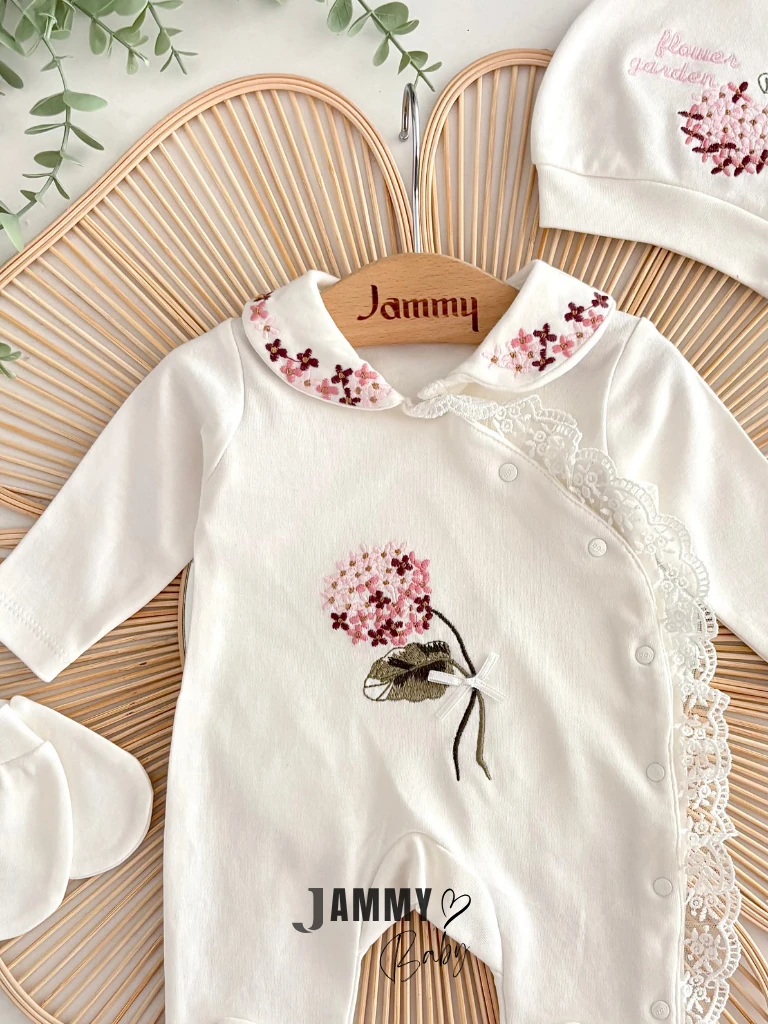 Ortanca Nakışlı Şapkalı Tulum Set-EKRU