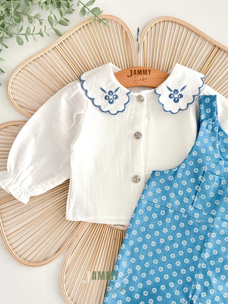 Çan Çiçeği Nakışlı Gömlek & Salopet Set-MAVİ