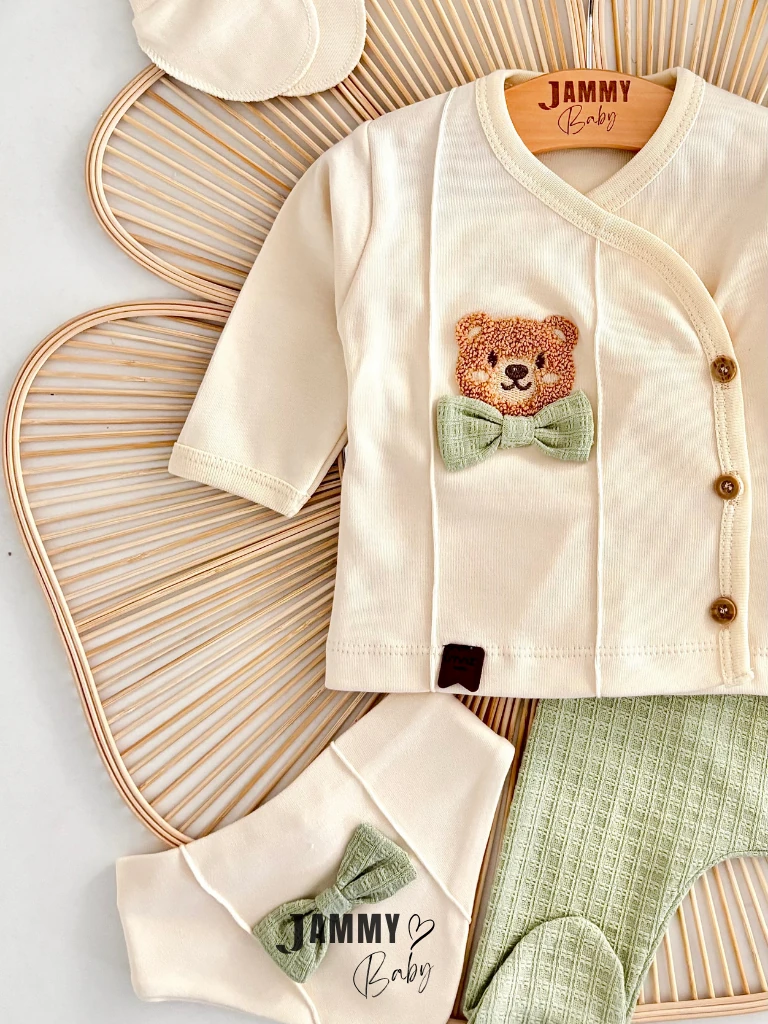 Süzene Ayıcık Kasketli 5 Parça Yenidoğan Set-YEŞİL