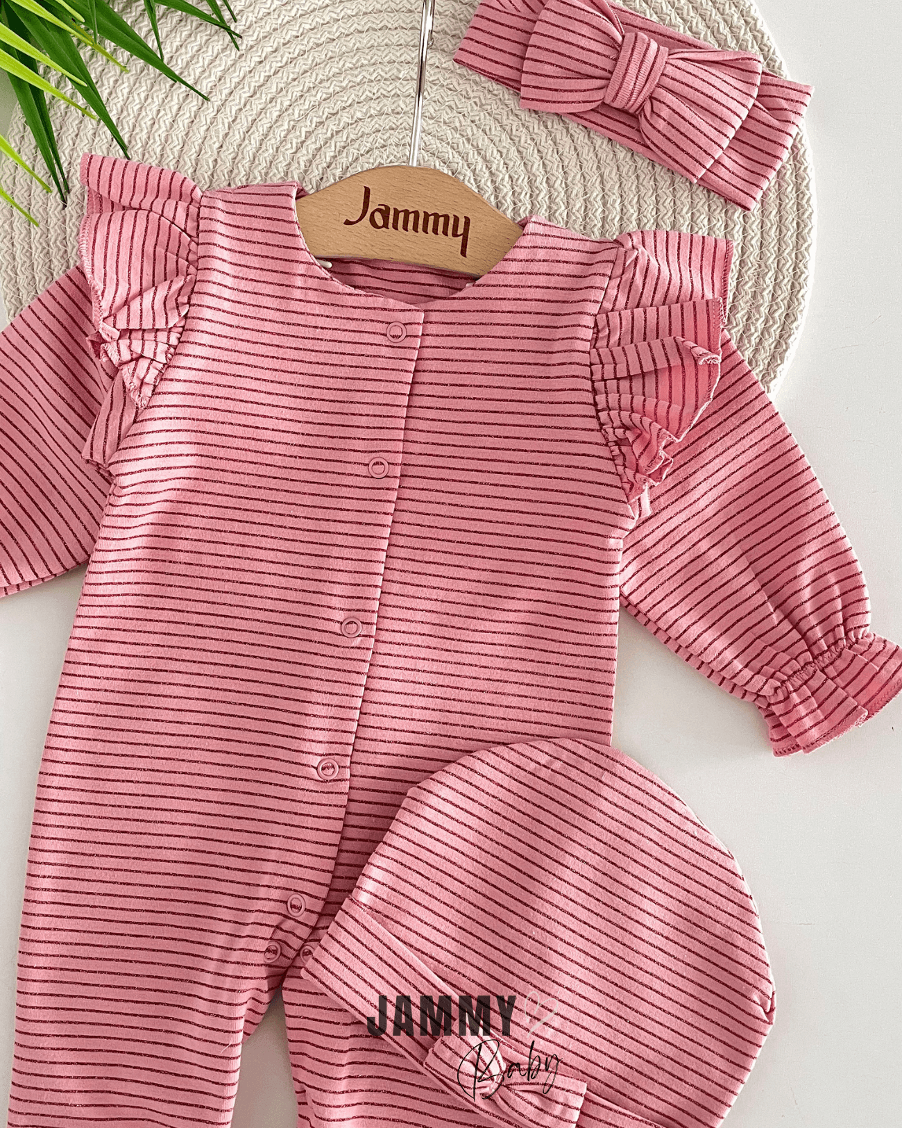 Simli Çizgili Fiyonk Bandana / Şapka 3'lü Tulum Set-GÜL KURUSU