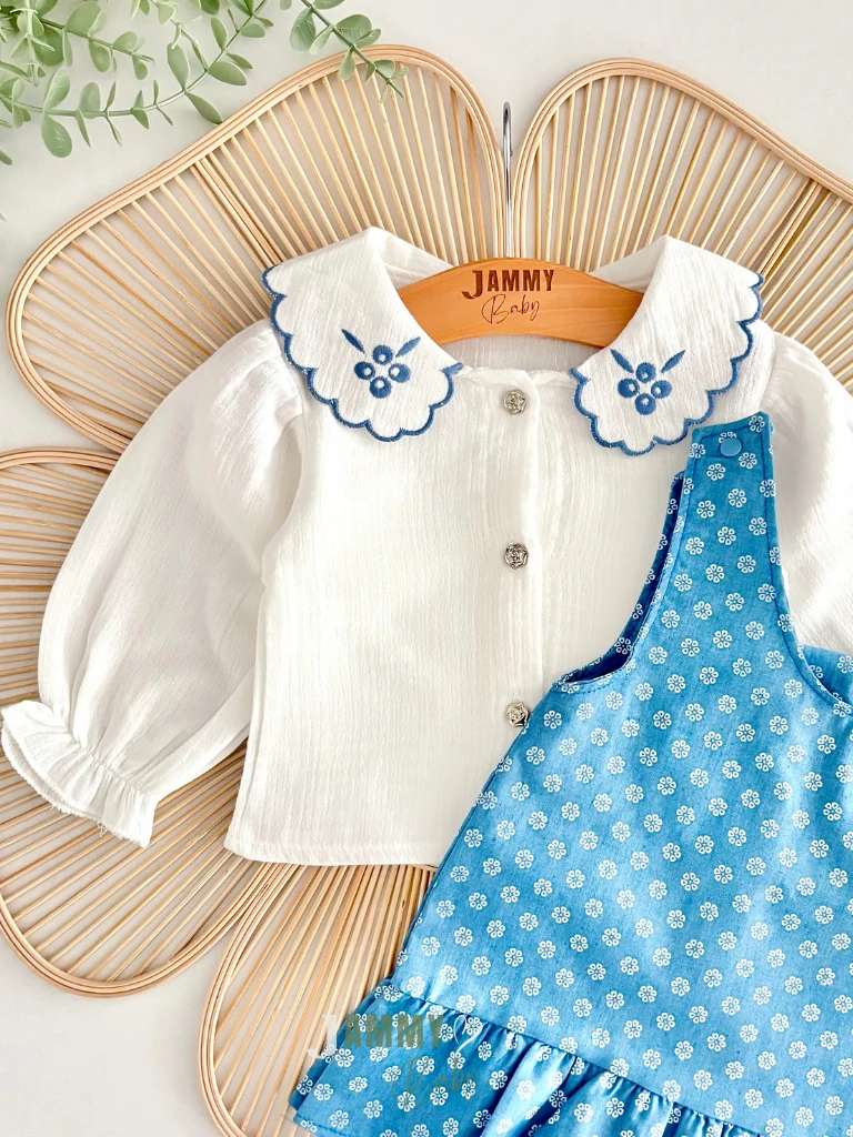 Çan Çiçeği Nakışlı Gömlek Jile Elbise Set-MAVİ