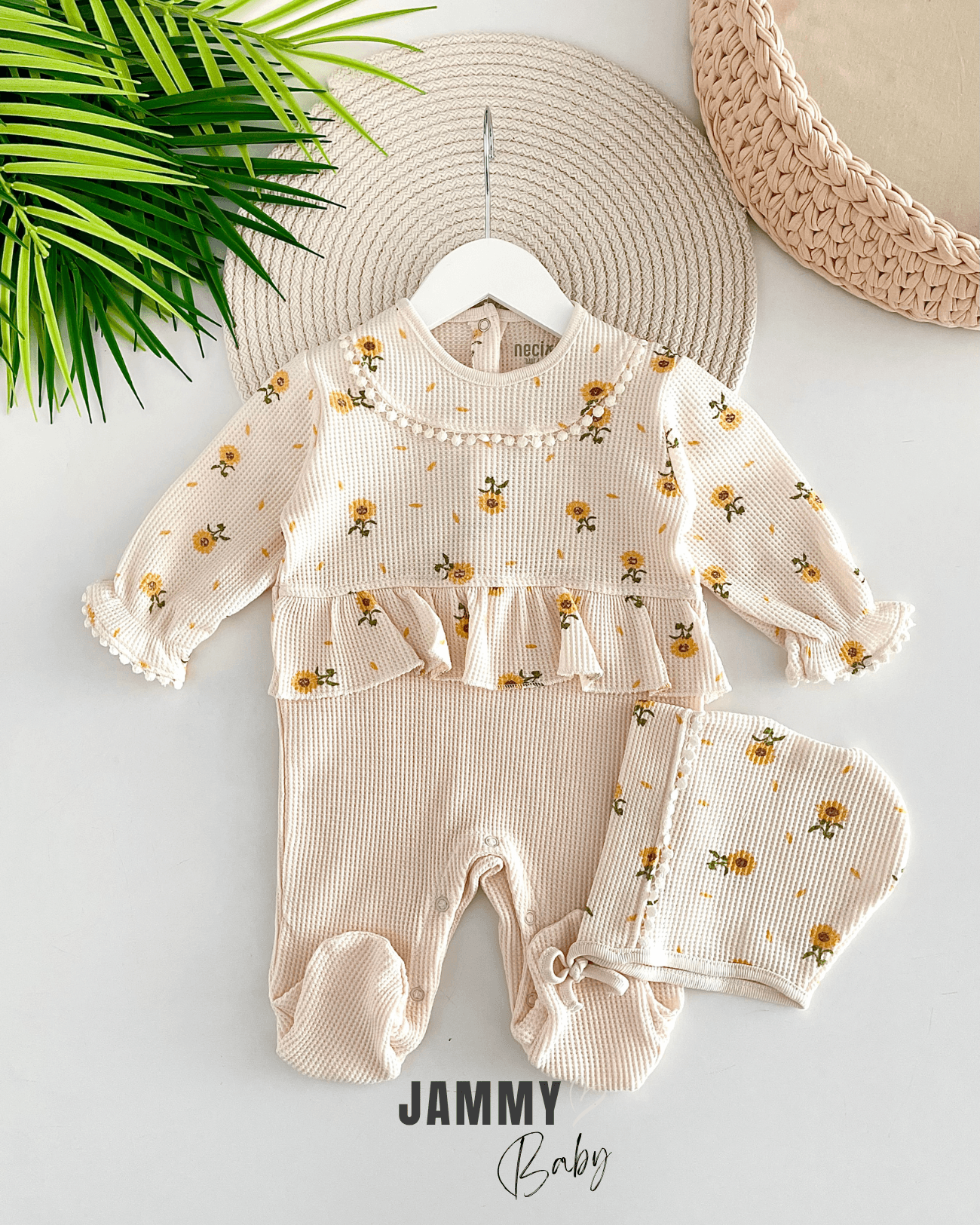 Ayçiçekli Waffle Şapkalı Tulum Set-VANİLYA