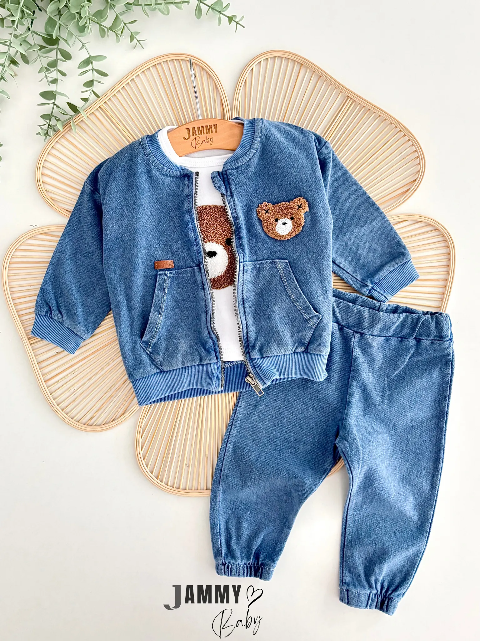 Bear Punch İşlemeli 3'lü Kot Takım-KOYU MAVİ