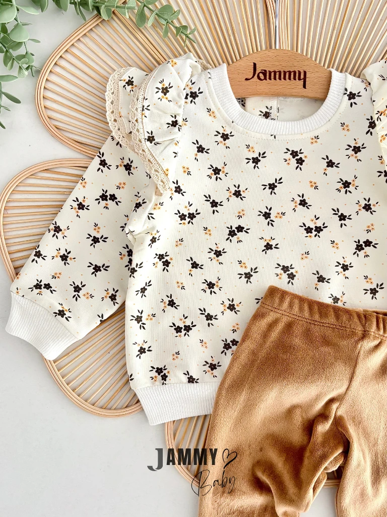 Sage Çiçekli Sweat / Yumuşak Kadife Tayt Takım-SÜTLÜ KAHVE