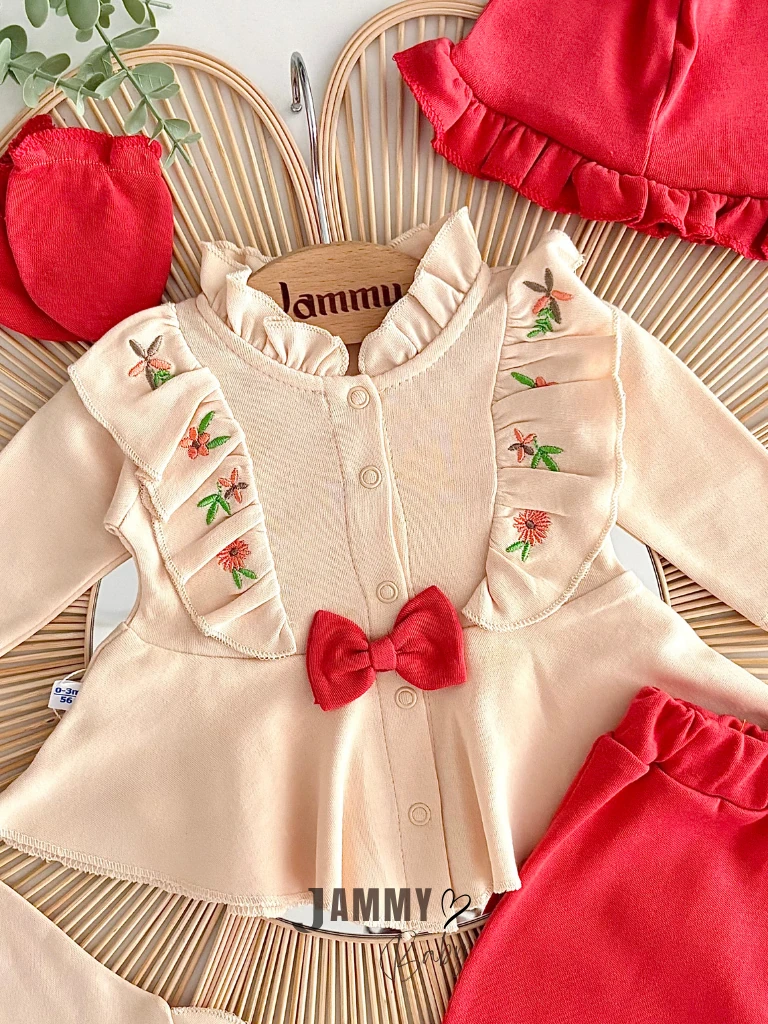 Mira Çiçek Nakışlı 5 Parça Yenidoğan Set-KİREMİT KIRMIZI