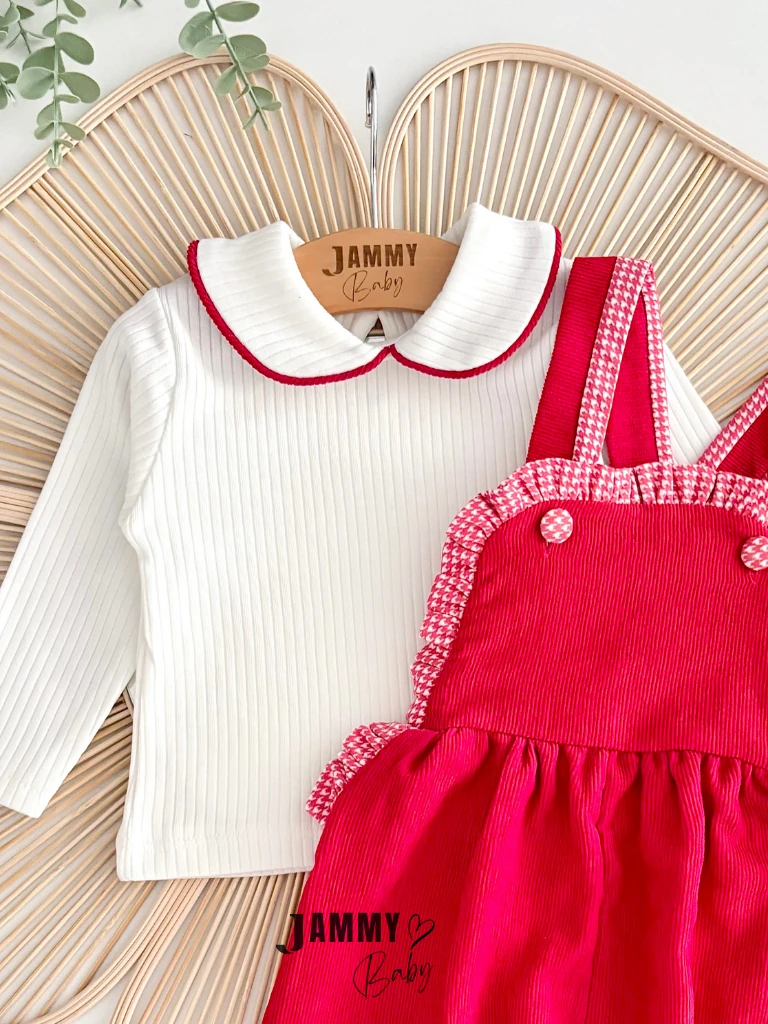 Fırfır Detaylı Kadife Salopet / Body Set-KIRMIZI