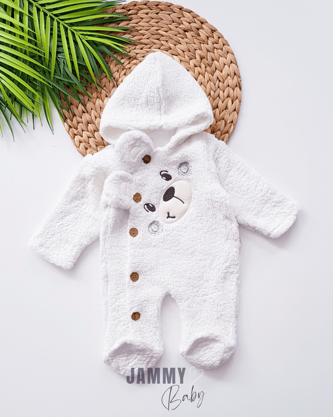 Bear Face Welsoft Peluş Kapüşonlu Tulum-BEYAZ