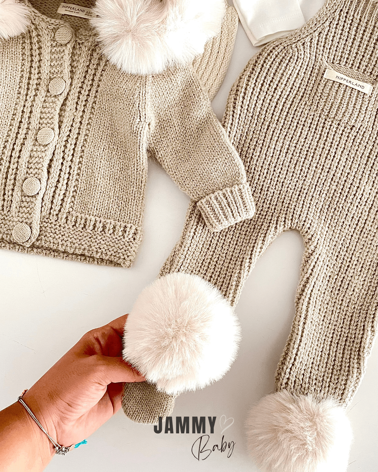 Selanik Örgülü Luxury Collection Kürk Kapüşonlu Triko Hırka / Salopet Set-TAŞ