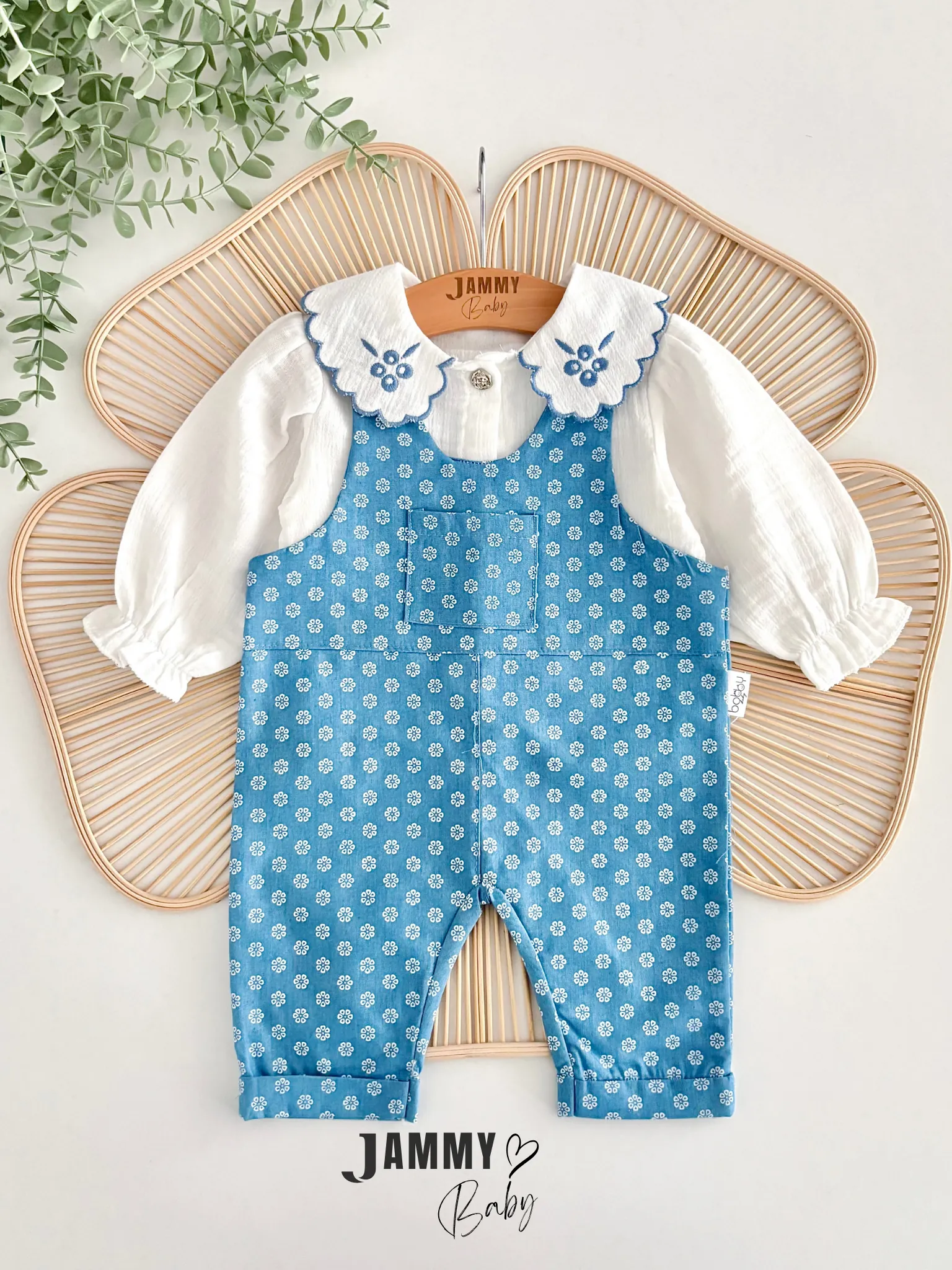 Çan Çiçeği Nakışlı Gömlek & Salopet Set-MAVİ