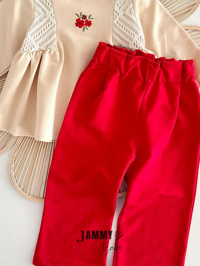 Çiçek Nakışlı Mevsimlik 2'li Takım - KIRMIZI