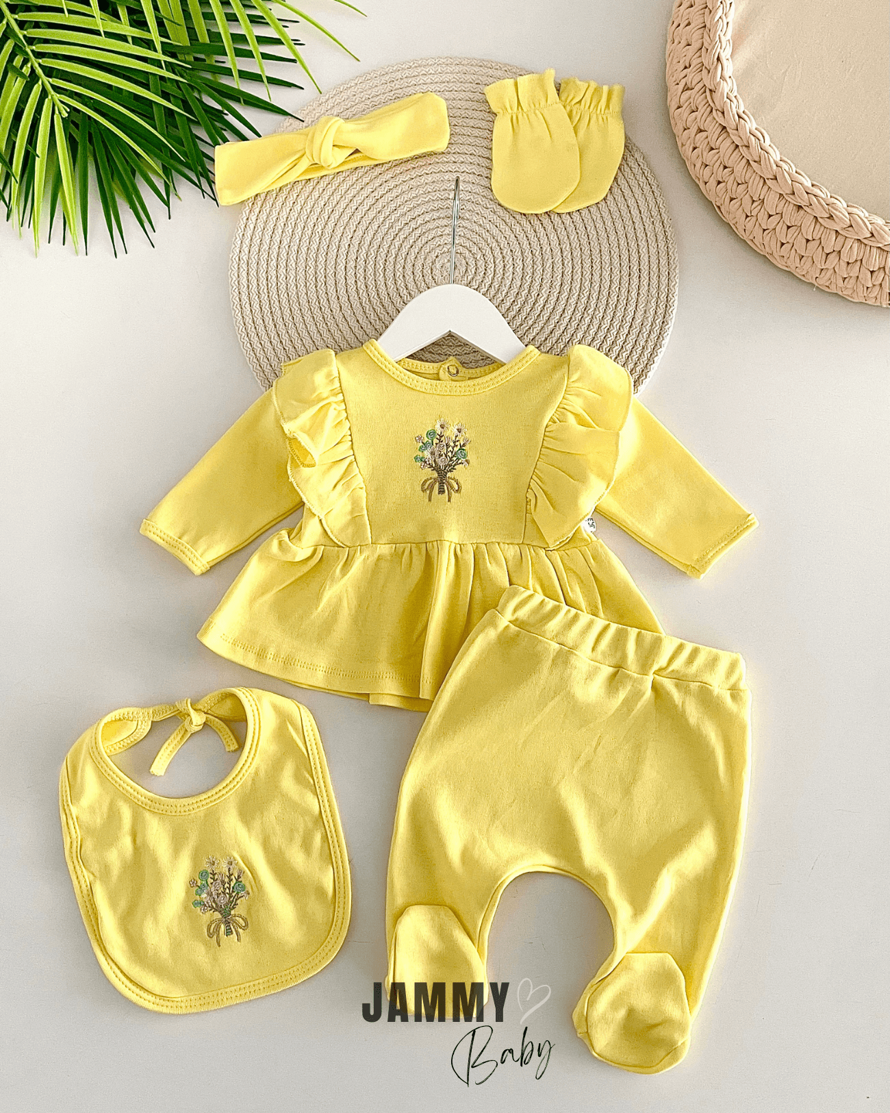 Olive Çiçek Nakışlı 5 Parça Yenidoğan Set-SARI