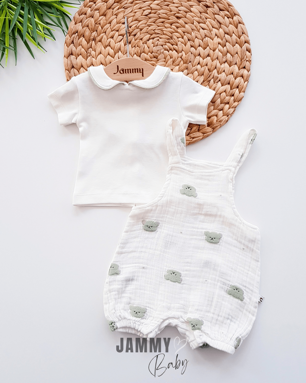 Ayıcık Nakışlı Müslin Salopet / Body Set-YEŞİL