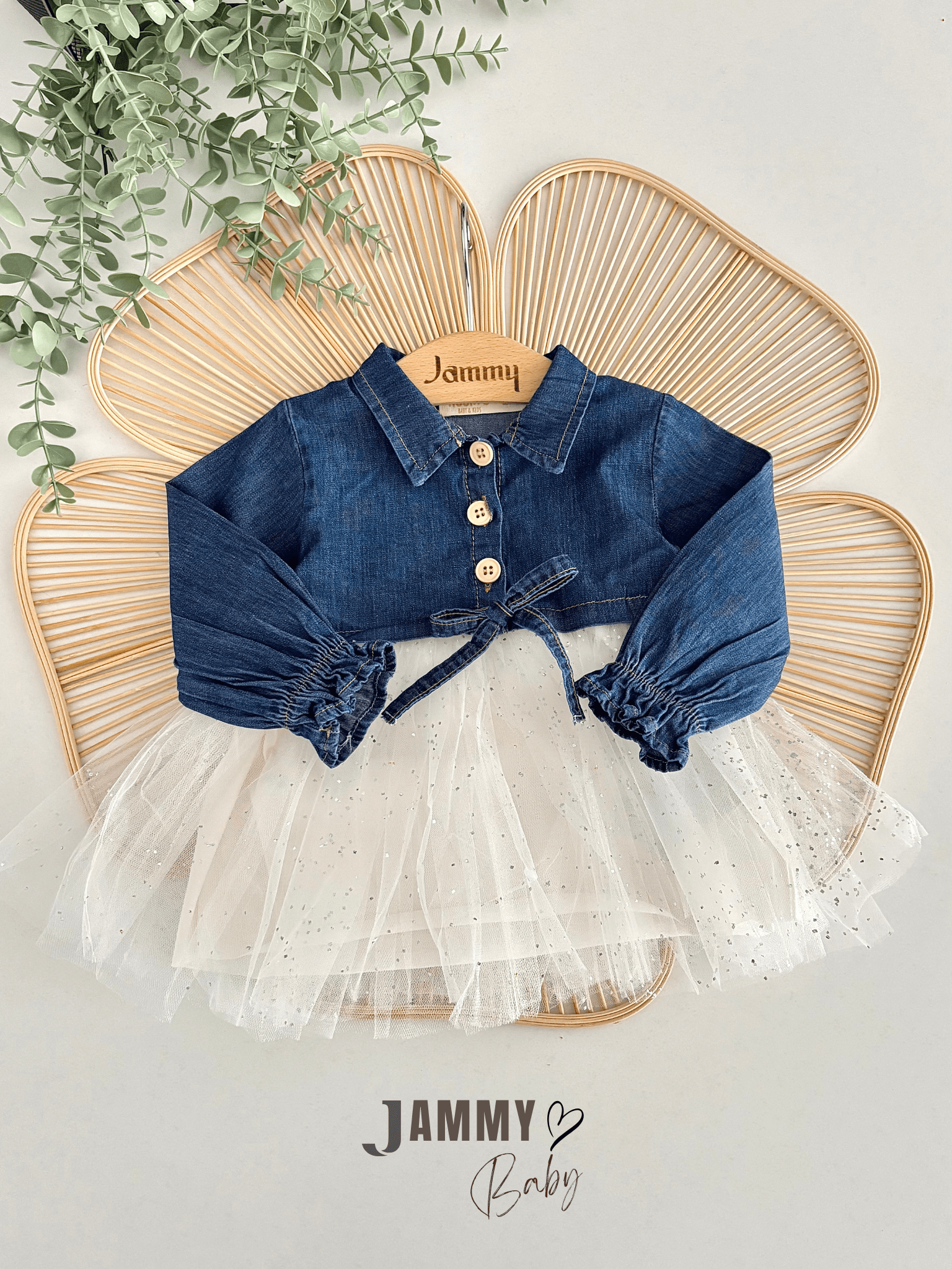 Star Tütülü Denim Elbise-BEYAZ