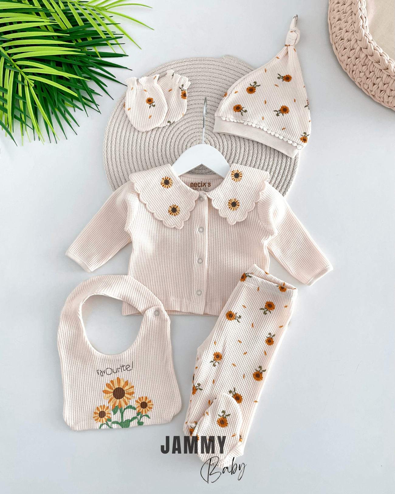 Ayçiçekli Waffle 5 Parça Yenidoğan Set-VANİLYA