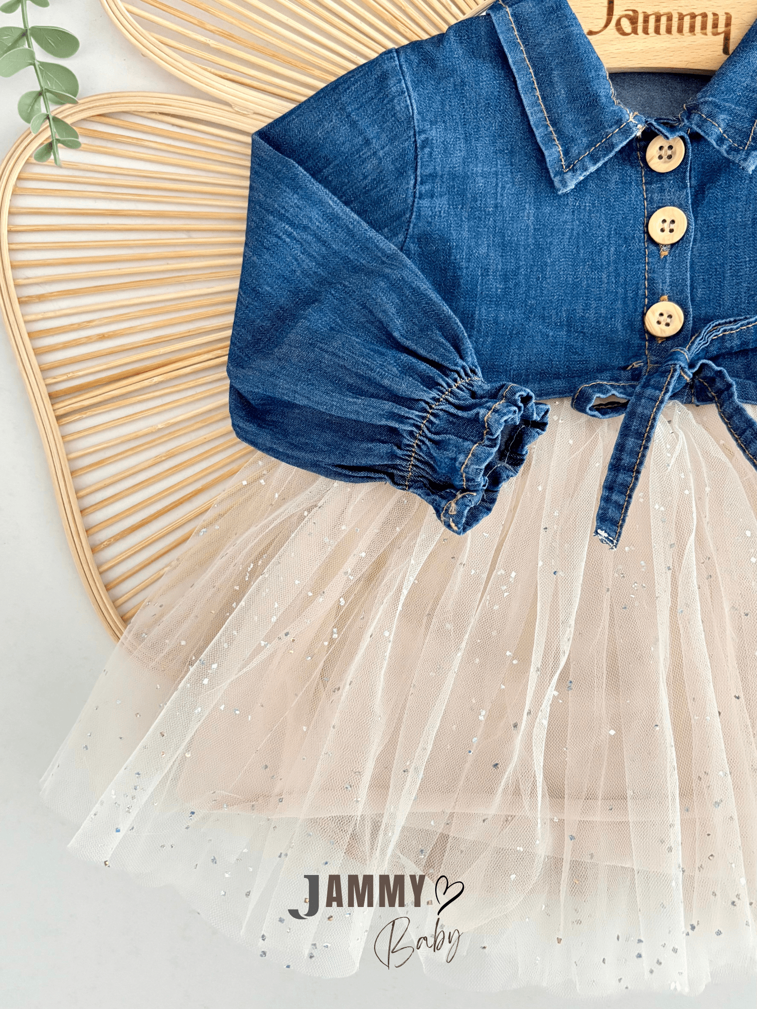 Star Tütülü Denim Elbise-KREM