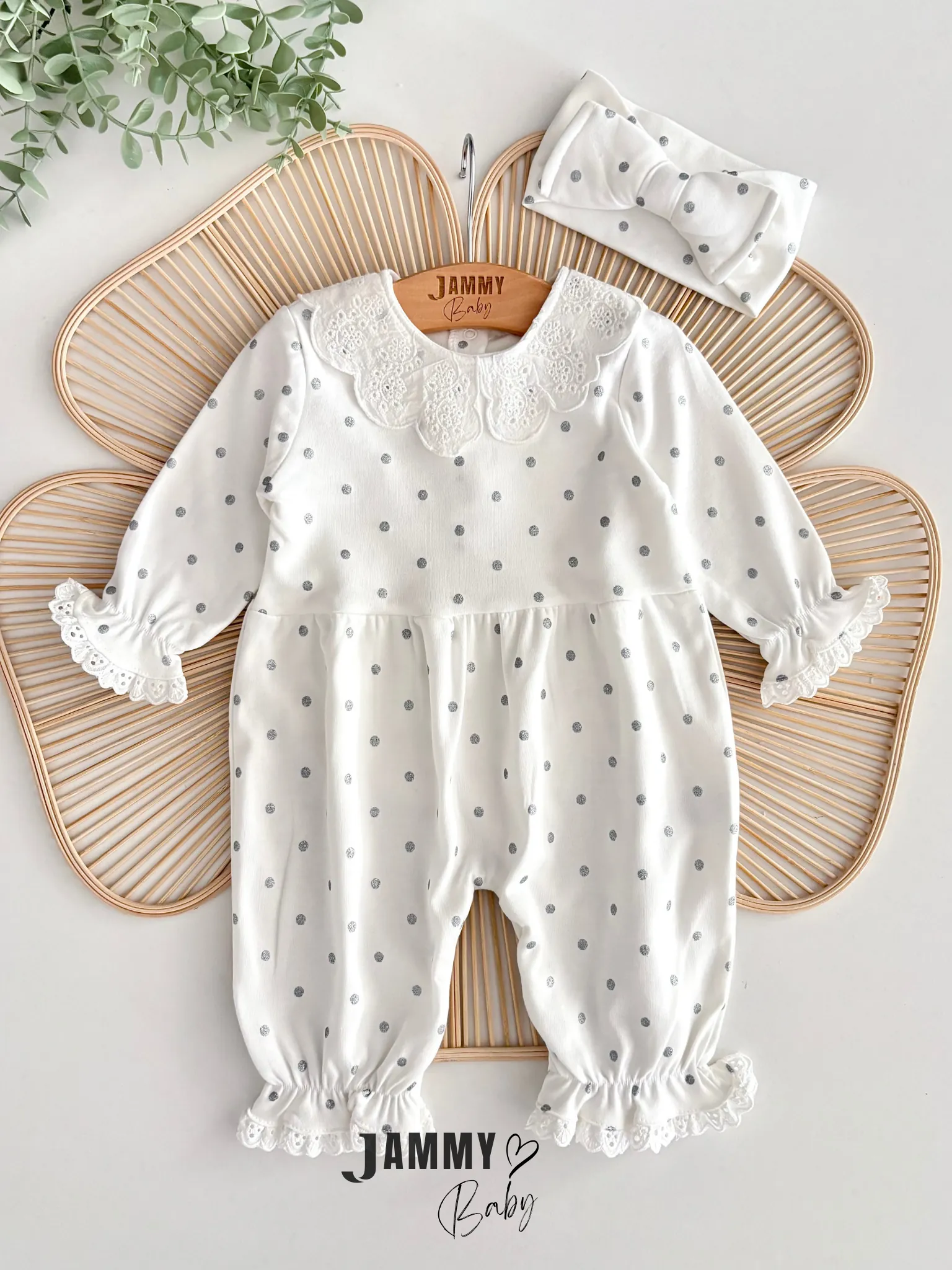 Mais Dantel Yakalı Gümüş Puantiyeli Bandanalı Tulum Set-EKRU