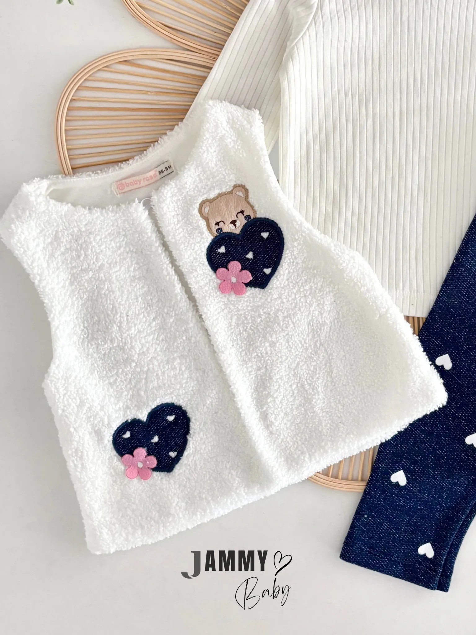 Ayıcık Peluş Yelekli /Kot Taytlı 3'lü Takım-BEYAZ