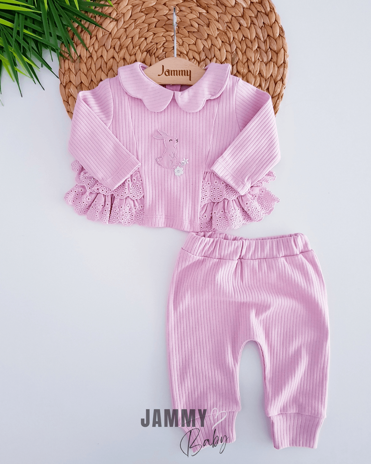 Tavşan İşlemeli Güpürlü Kaşkorse Takım-PEMBE