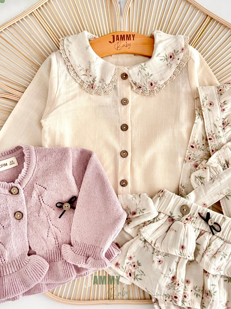 Polly Müslin Salopet & Keten Gömlek & Triko Hırka Set-SOFT LİLA