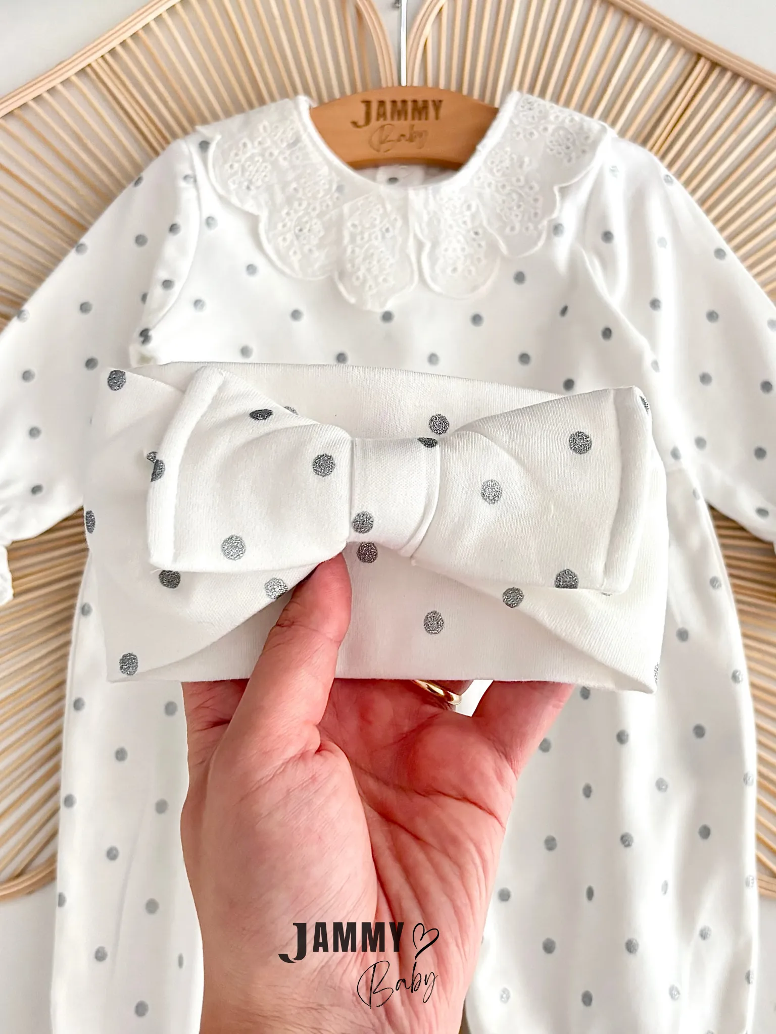 Mais Dantel Yakalı Gümüş Puantiyeli Bandanalı Tulum Set-EKRU