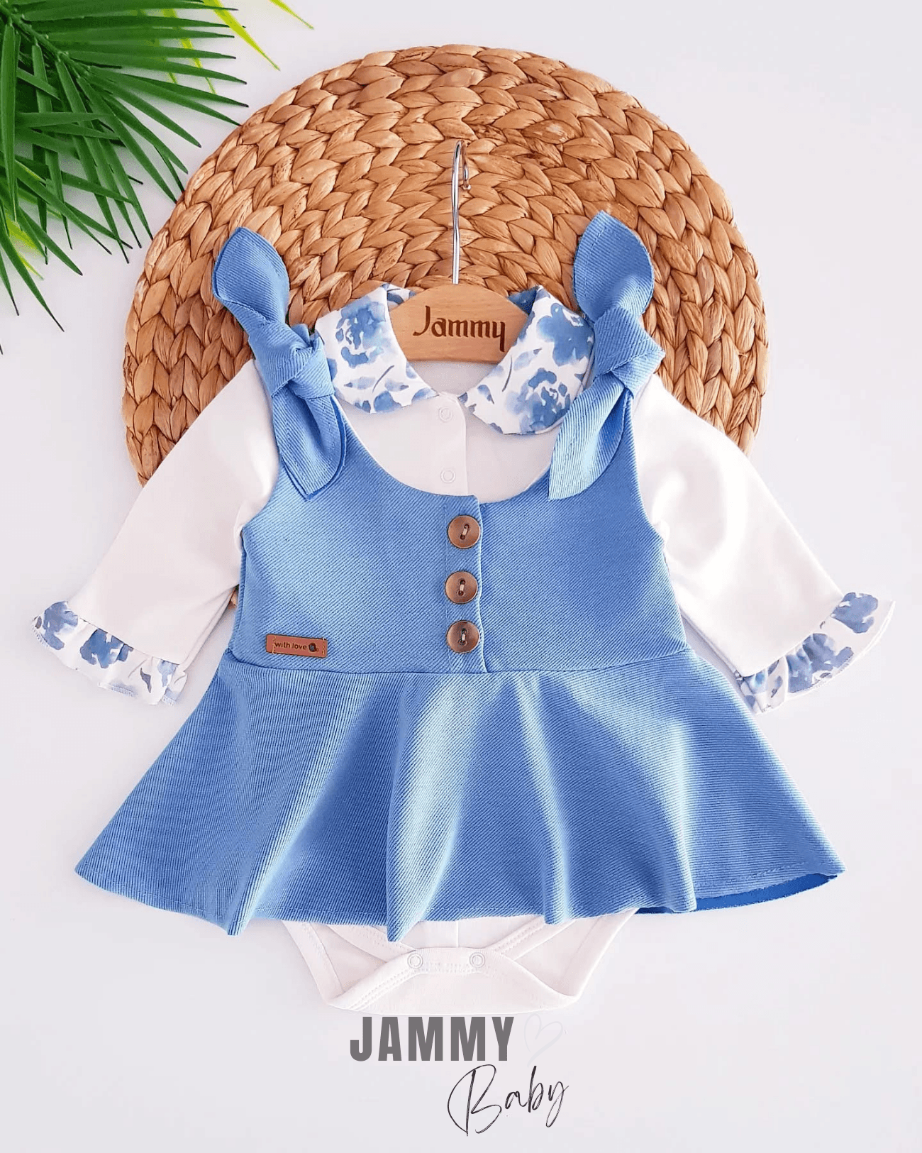 Bloom Çiçek Desenli Body / Omuz Fiyonklu Jile Elbise-BEBE MAVİ