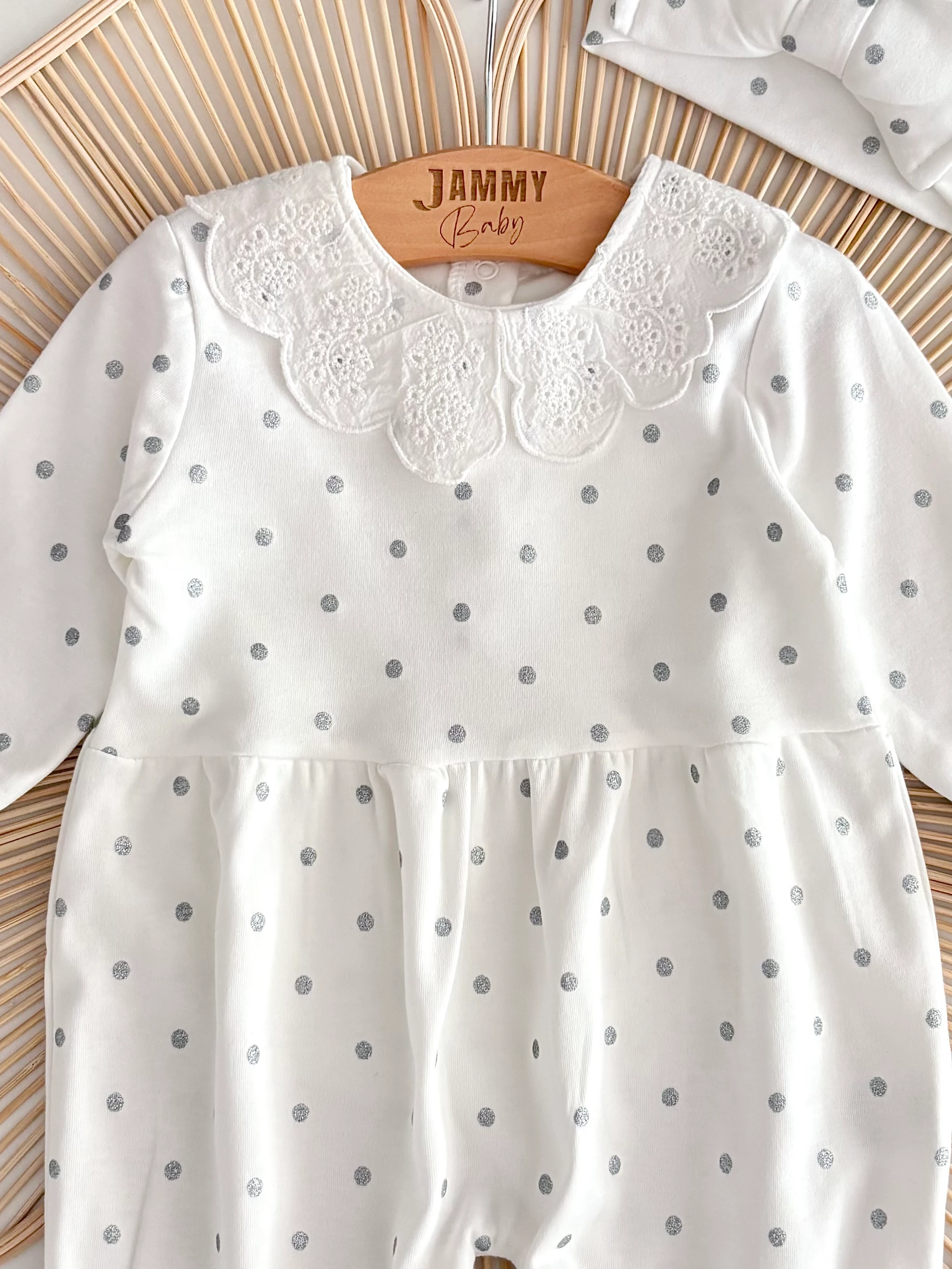 Mais Dantel Yakalı Gümüş Puantiyeli Bandanalı Tulum Set-EKRU