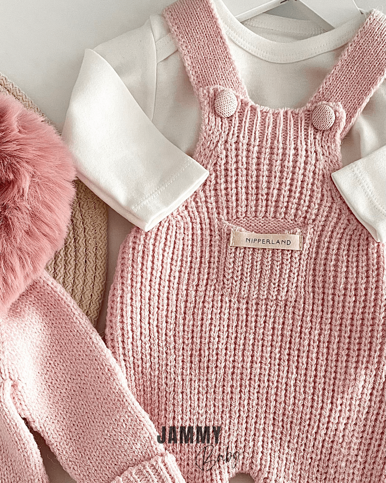 Selanik Örgülü Luxury Collection Kürk Kapüşonlu Triko Hırka / Salopet Set-PUDRA