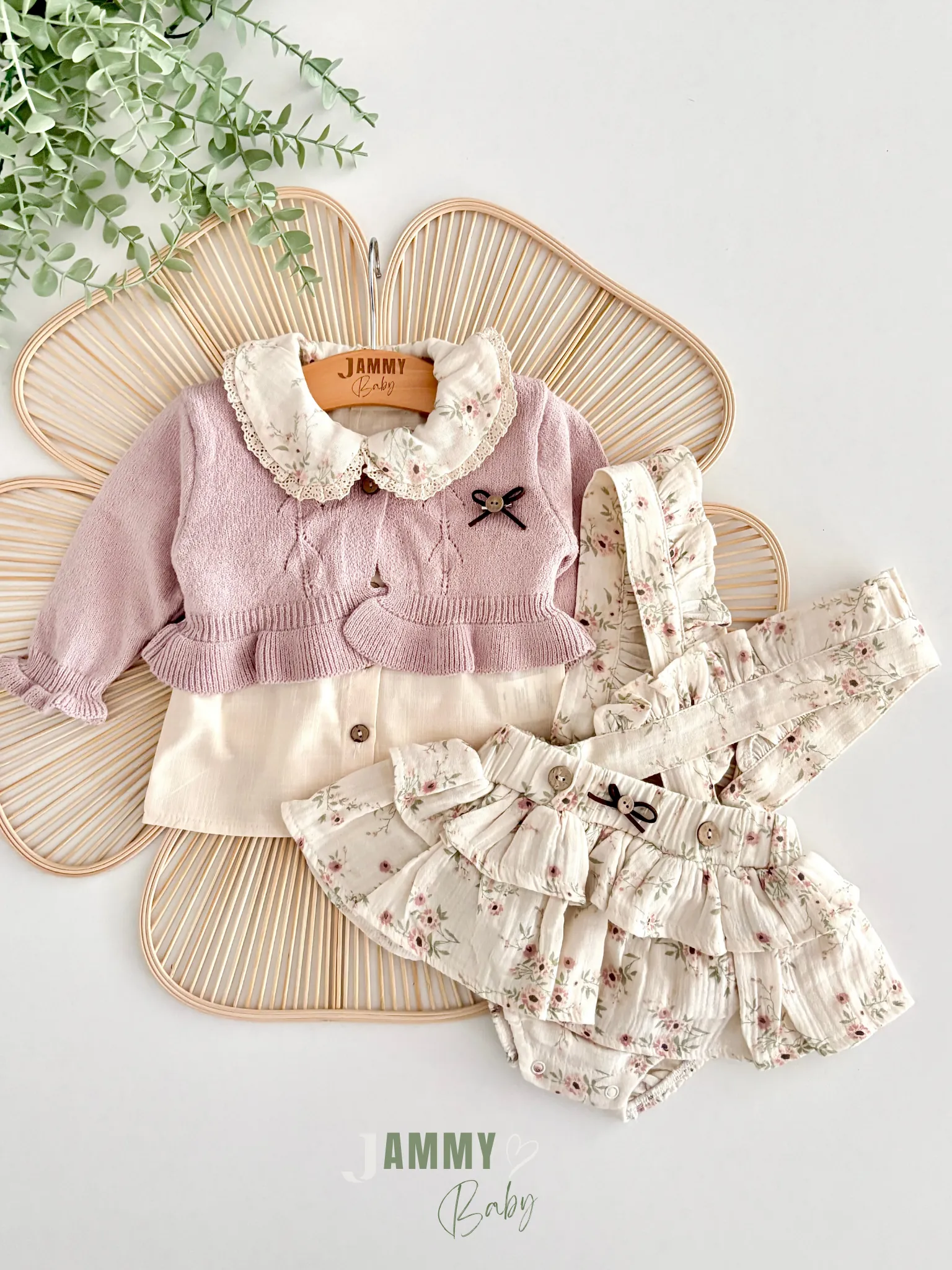 Polly Müslin Salopet & Keten Gömlek & Triko Hırka Set-SOFT LİLA